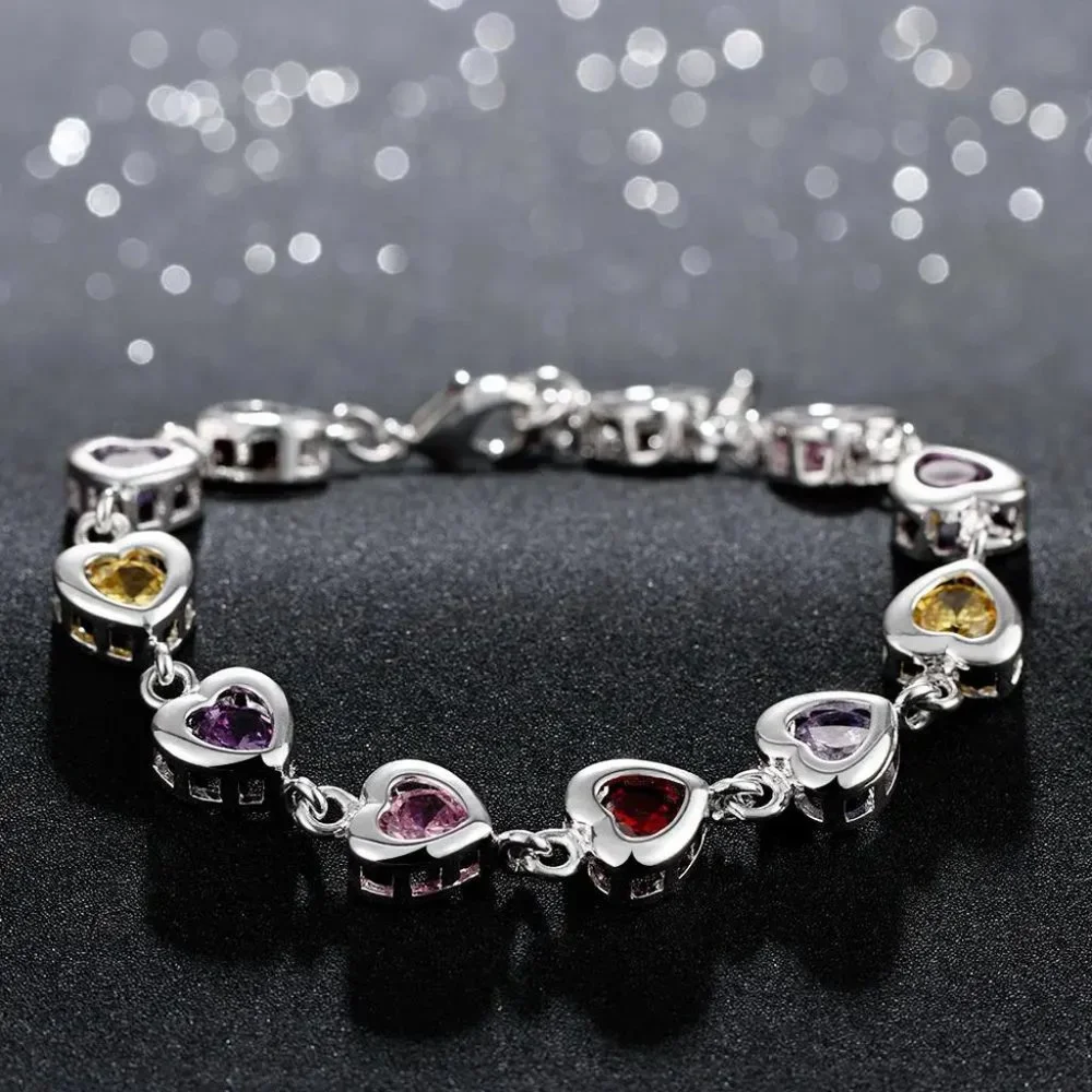 Beautiful Multi - Colored Heart Style Ladies Bracelet .925 Solid Sterling Silver - Picture 3 of 6